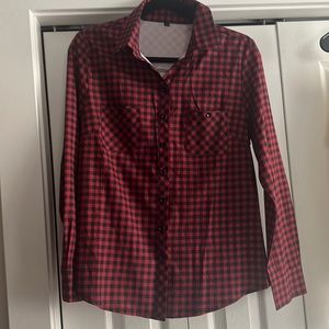 Silky plaid long sleeve with see through lace skull on back